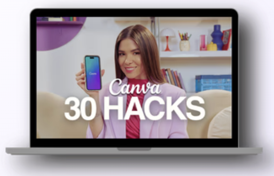 Portada de los 30 hacks de Canva con Nati, en una laptop
