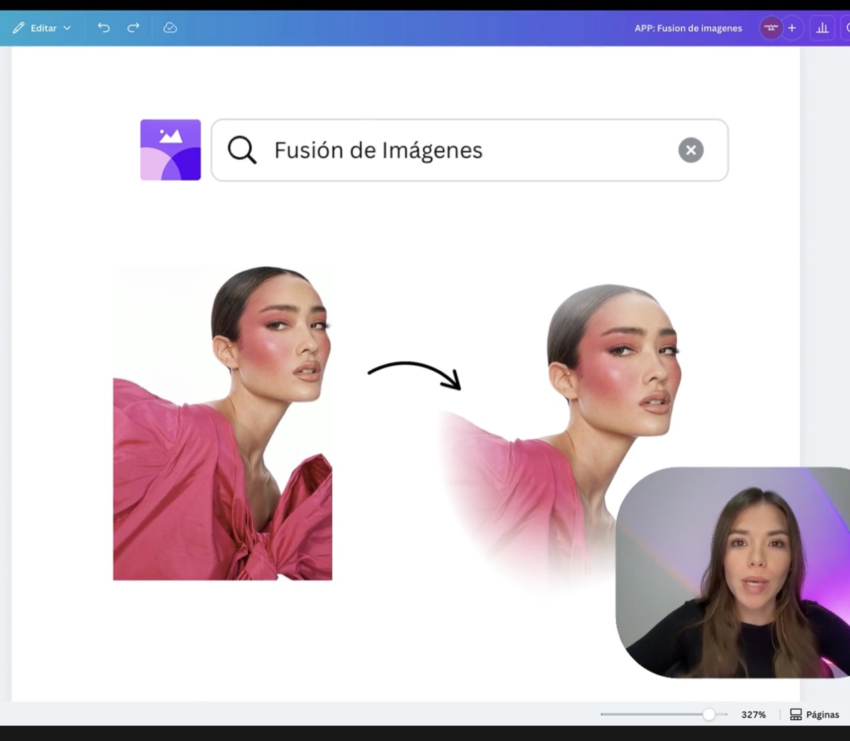 Nati mostrando el antes y después de una imagen con la app Fusión de Imágenes de Canva