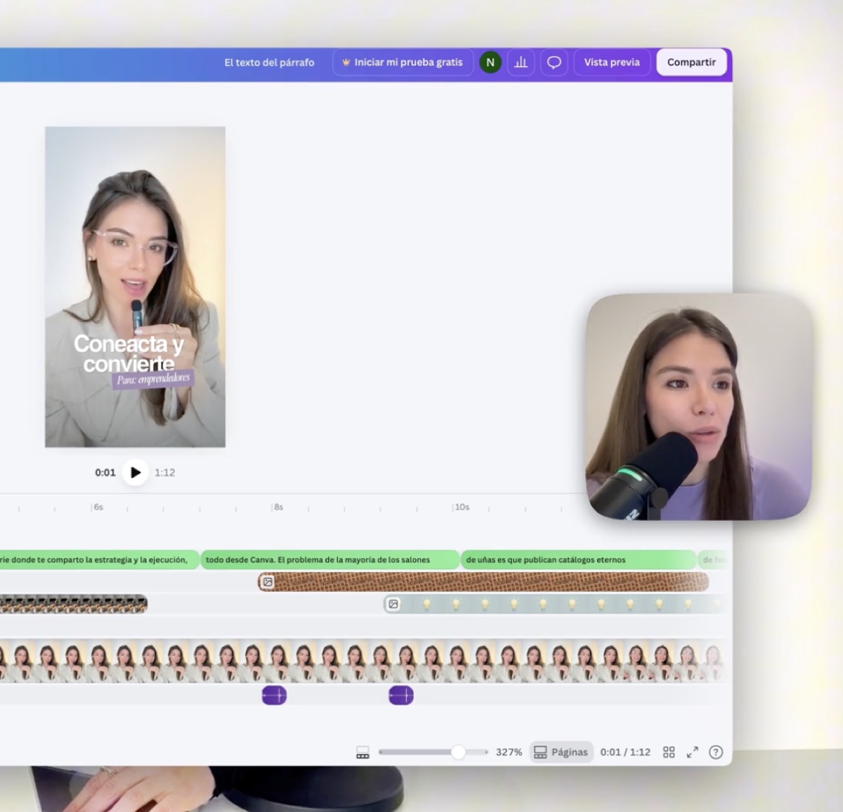 Nati enseñando a editar un video en Canva, con clips y subtítulos en la línea de tiempo